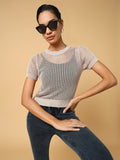 Women's Beige Self Design Round Neck Acrylic Top