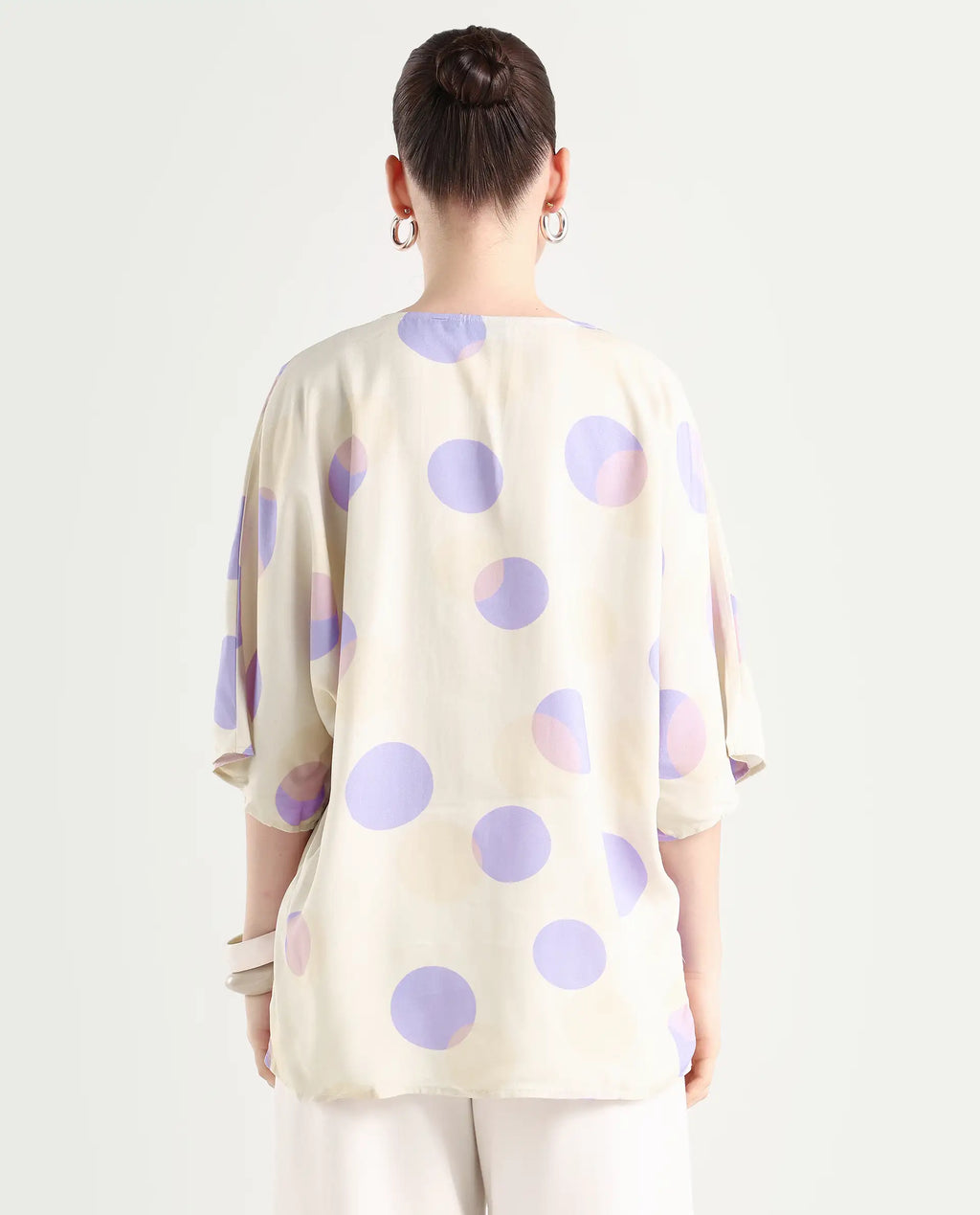 Rareism Women's Bell Beige Viscose V-Neck Polka Print Bell Sleeve Boxy Fit Top