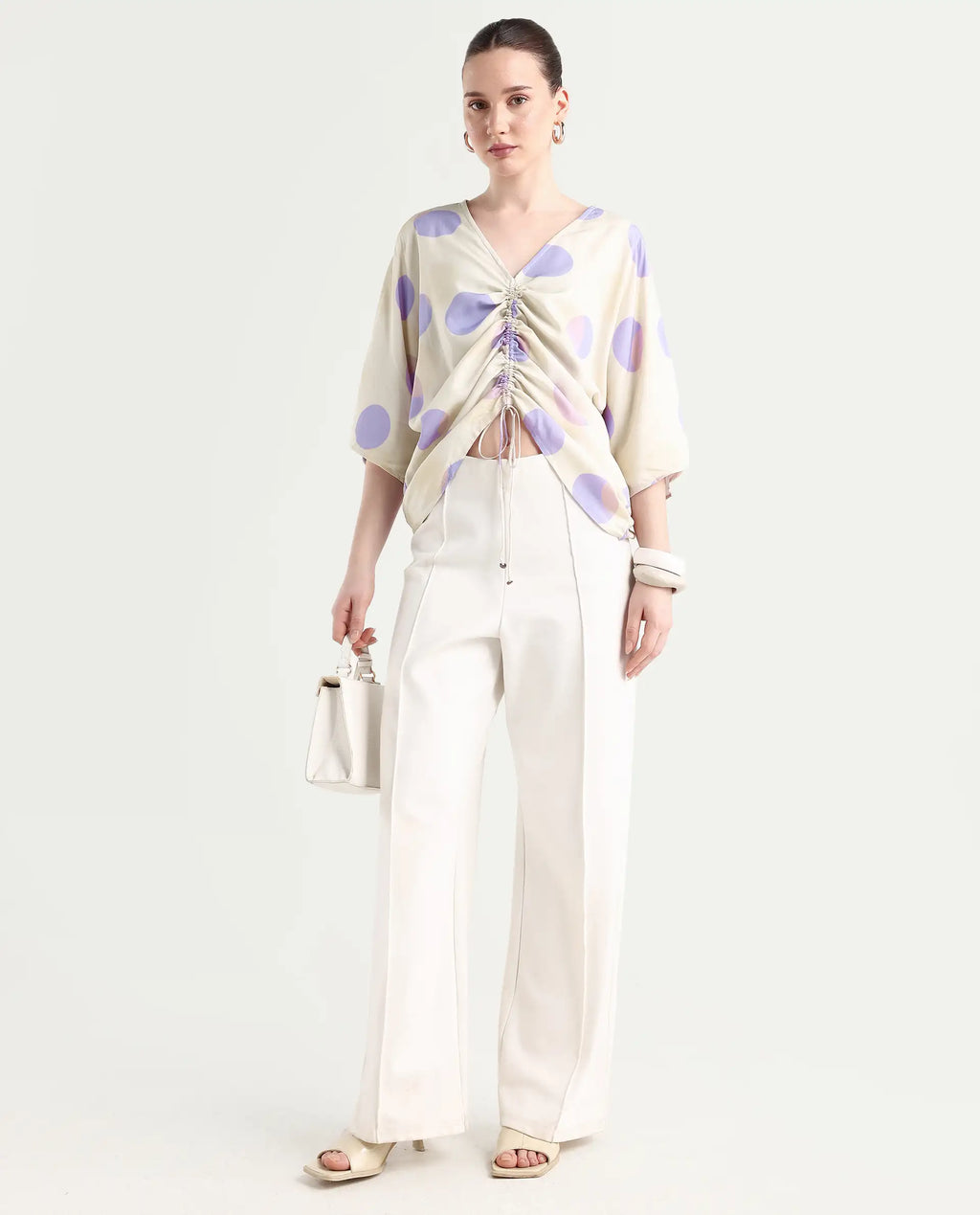 Rareism Women's Bell Beige Viscose V-Neck Polka Print Bell Sleeve Boxy Fit Top