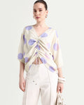 Rareism Women's Bell Beige Viscose V-Neck Polka Print Bell Sleeve Boxy Fit Top