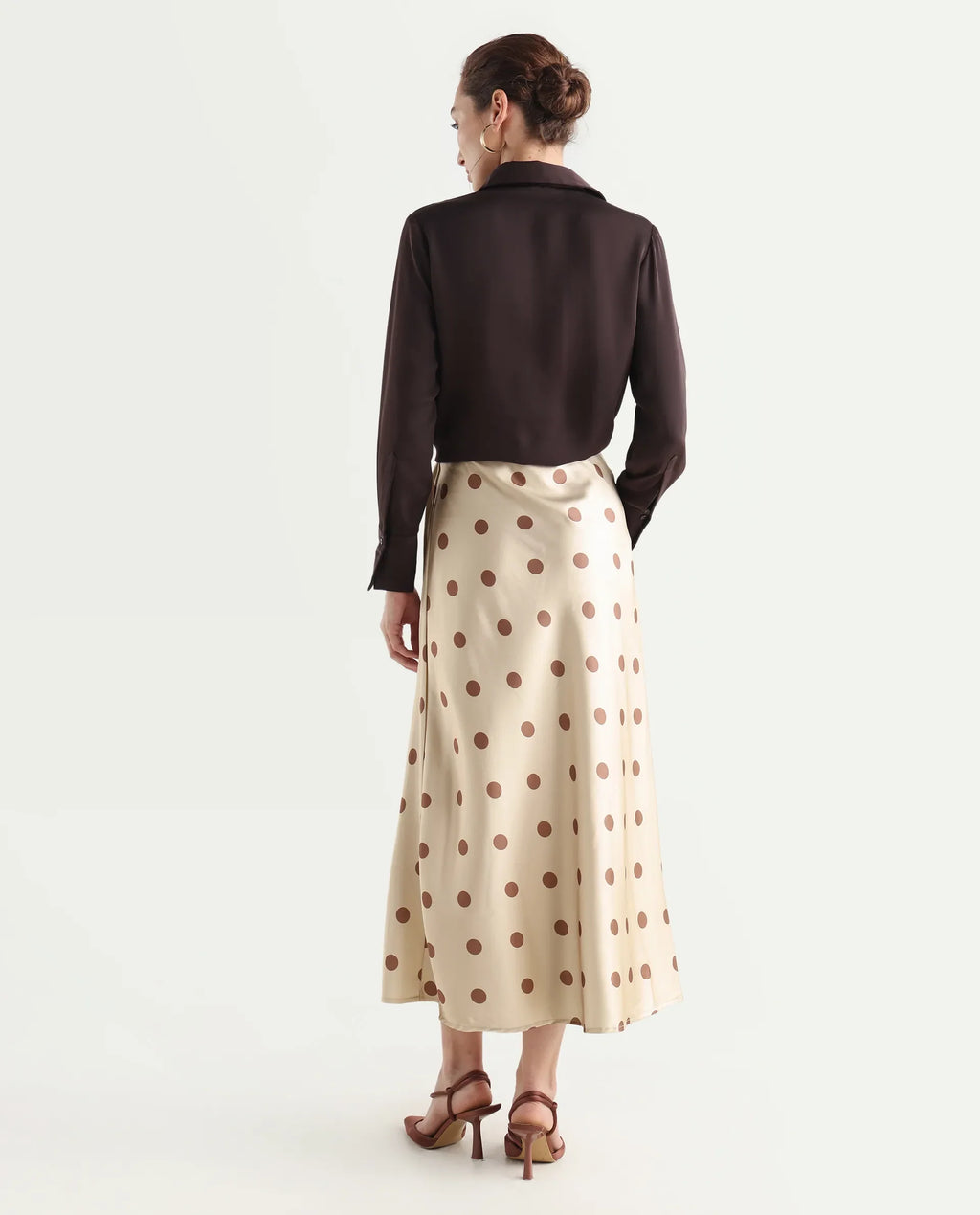 Rareism Women's Berdo-B Beige Polyester Blend Polka Print Maxi Flared Skirt