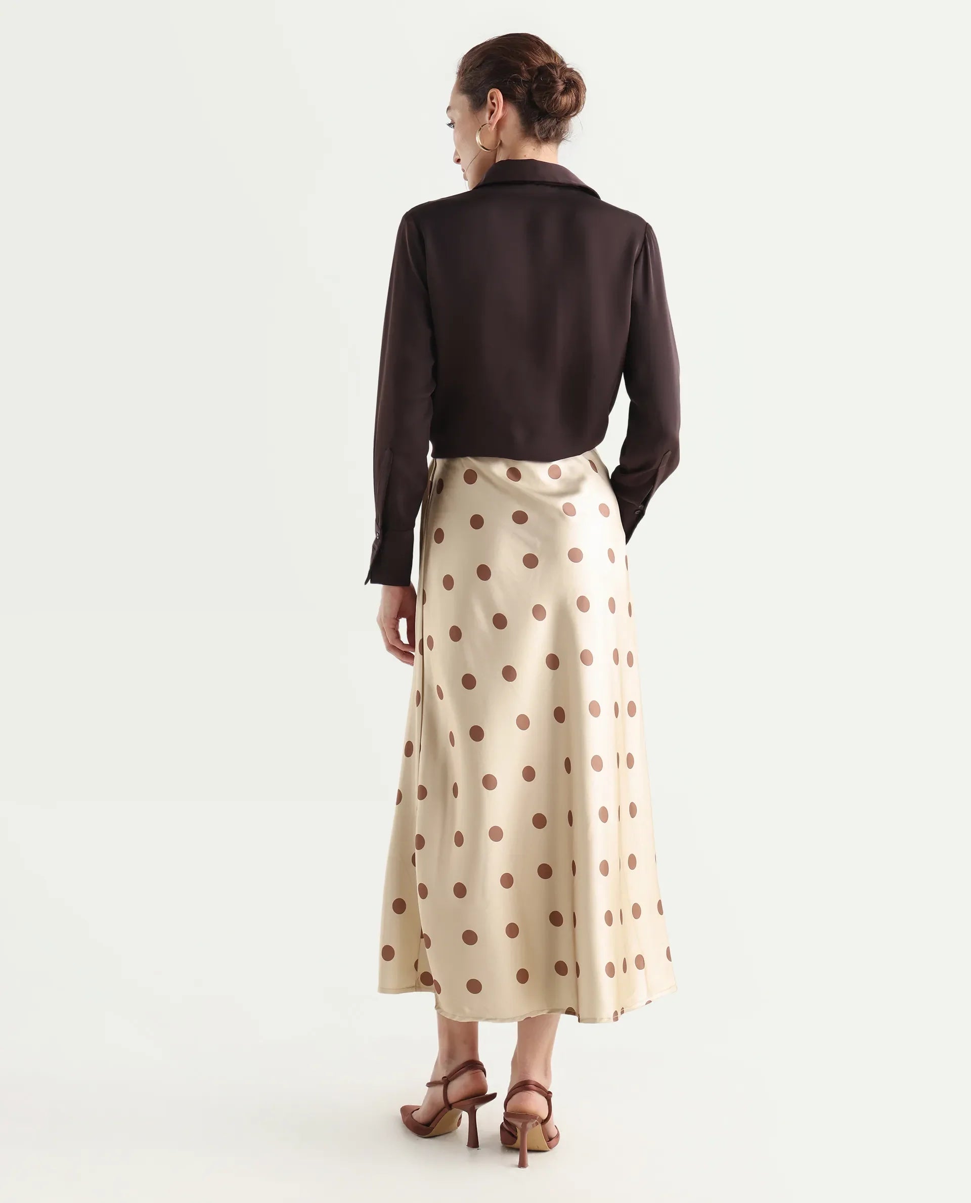 Rareism Women's Berdo-B Beige Polyester Blend Polka Print Maxi Flared Skirt