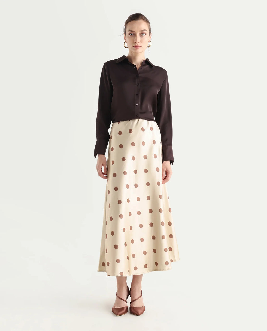 Rareism Women's Berdo-B Beige Polyester Blend Polka Print Maxi Flared Skirt