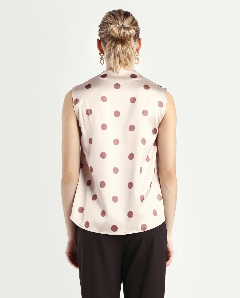 Rareism Women's Berdo-T Beige Polyester V-Neck Polka Print Sleeveless Regular Fit Top