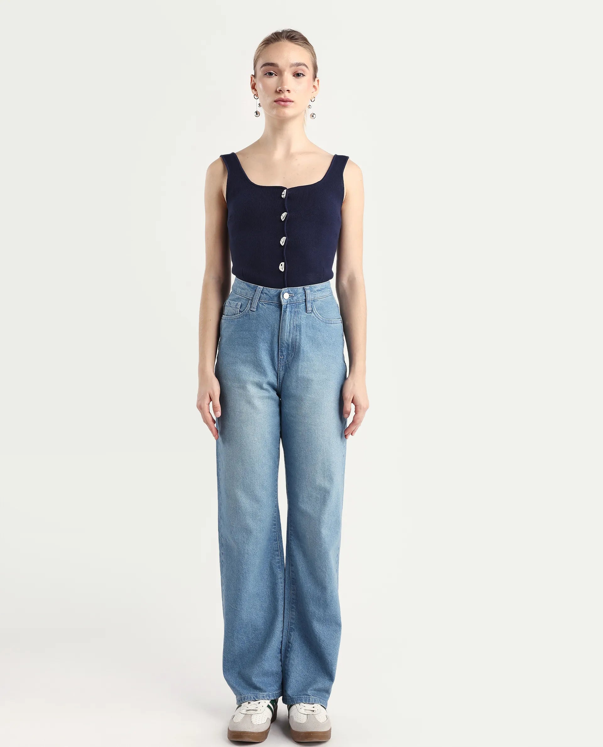 Rareism Women's Beuk Light Blue Cotton Blend Plain Ankle Length Smart Straight Fit Jeans