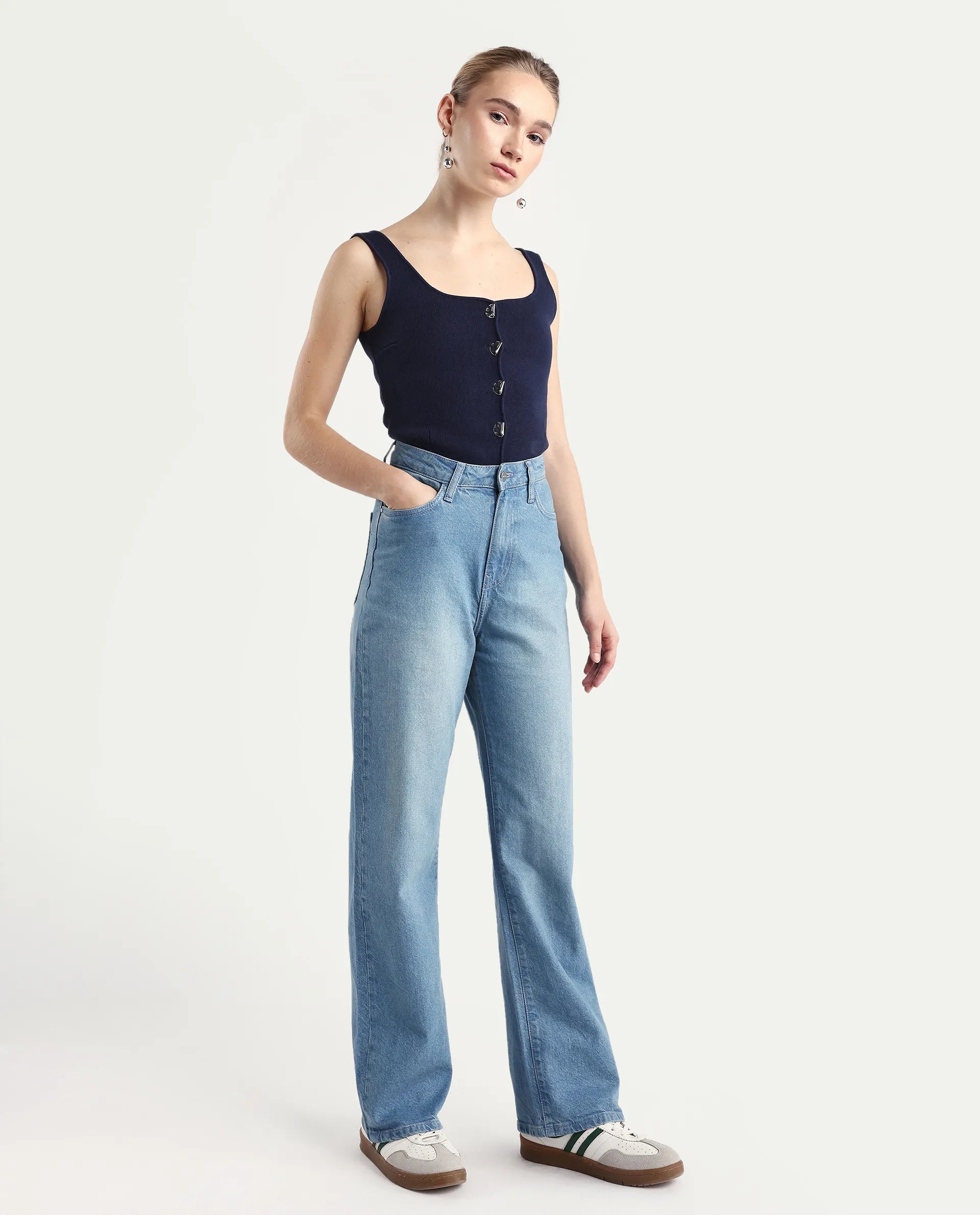 Rareism Women's Beuk Light Blue Cotton Blend Plain Ankle Length Smart Straight Fit Jeans