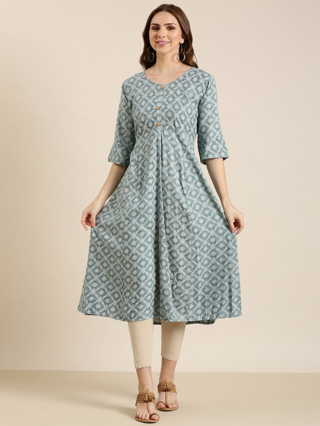 Women's Grey Ethnic Motifs Printed V-Neck Cotton A-Line Kurta