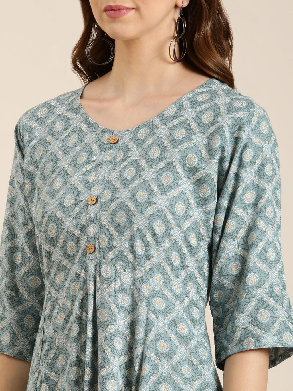 Women's Grey Ethnic Motifs Printed V-Neck Cotton A-Line Kurta