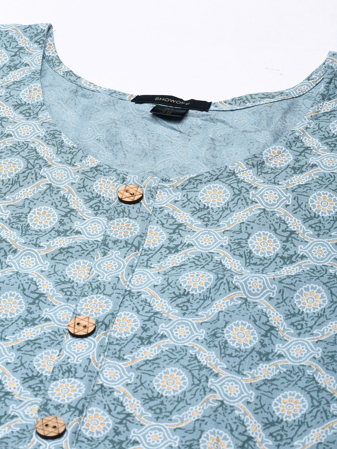 Women's Grey Ethnic Motifs Printed V-Neck Cotton A-Line Kurta