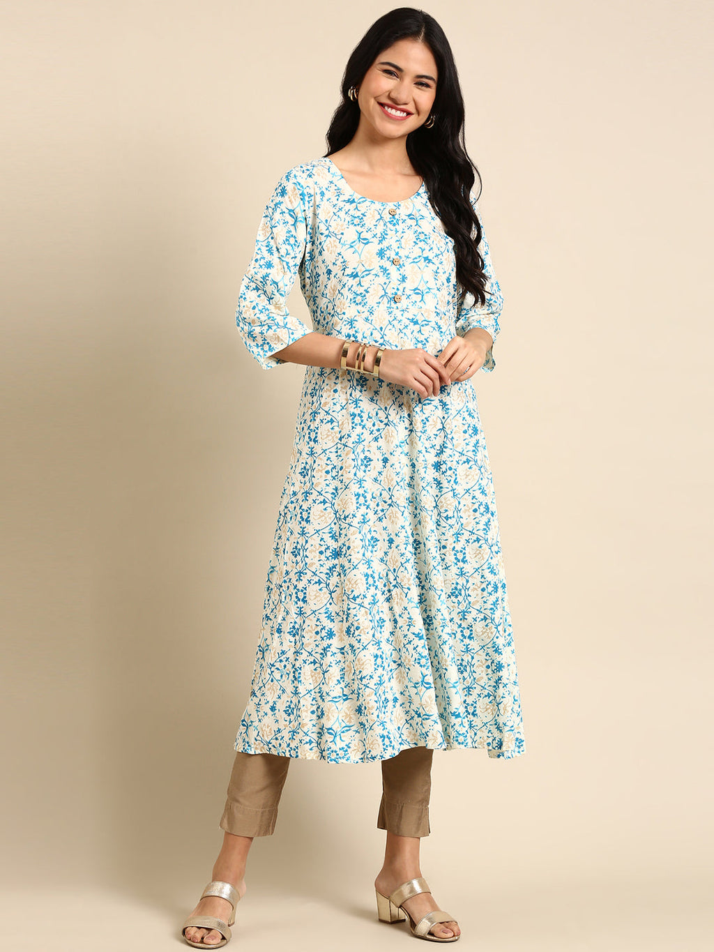 Women's Off White Ethnic Motifs Printed Chanderi Straight Cotton Kurta