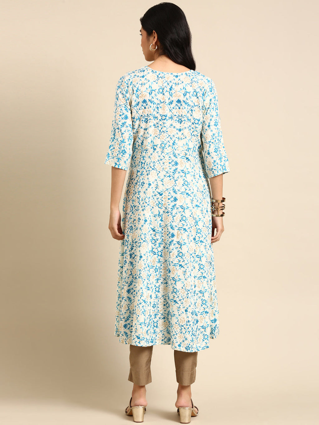 Women's Off White Ethnic Motifs Printed Chanderi Straight Cotton Kurta