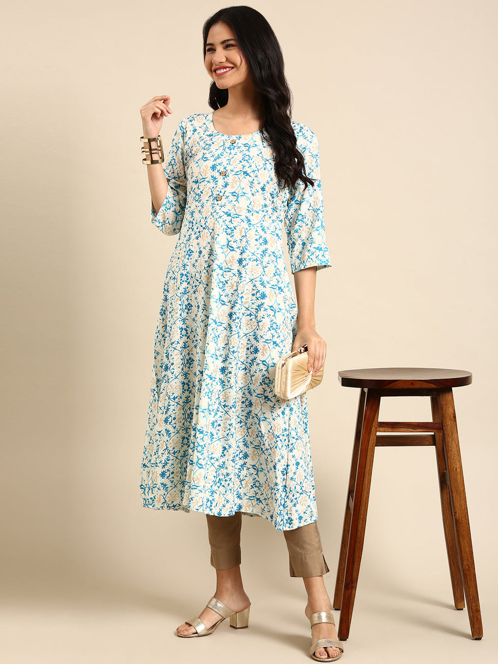Women's Off White Ethnic Motifs Printed Chanderi Straight Cotton Kurta