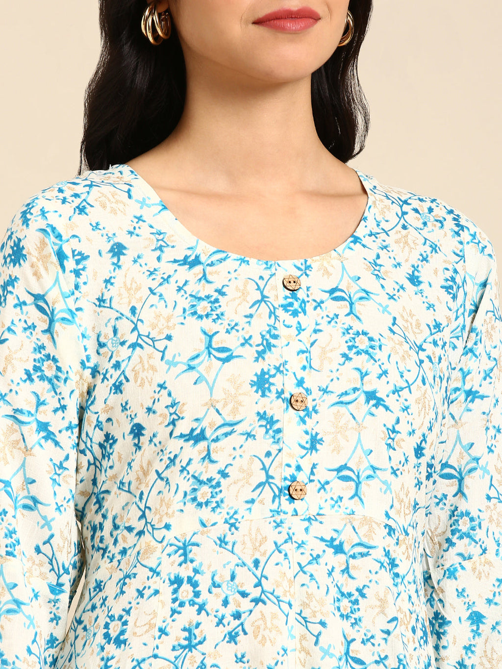 Women's Off White Ethnic Motifs Printed Chanderi Straight Cotton Kurta