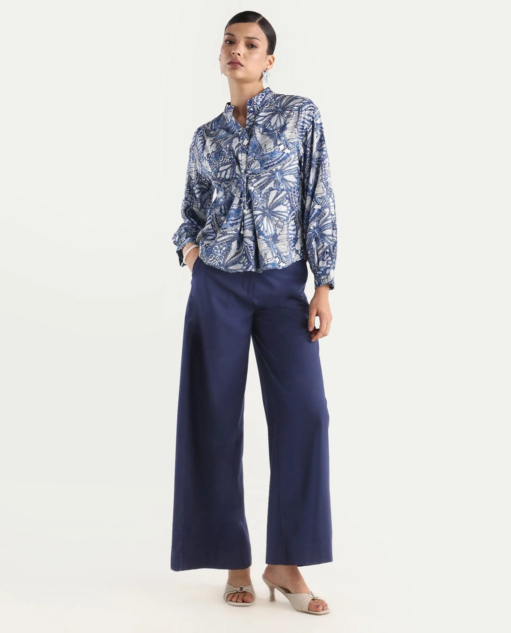 Rareism Women's Bhasny Blue Tencel Mandarin Collar Abstract Print Puff Sleeves Regular Fit Top
