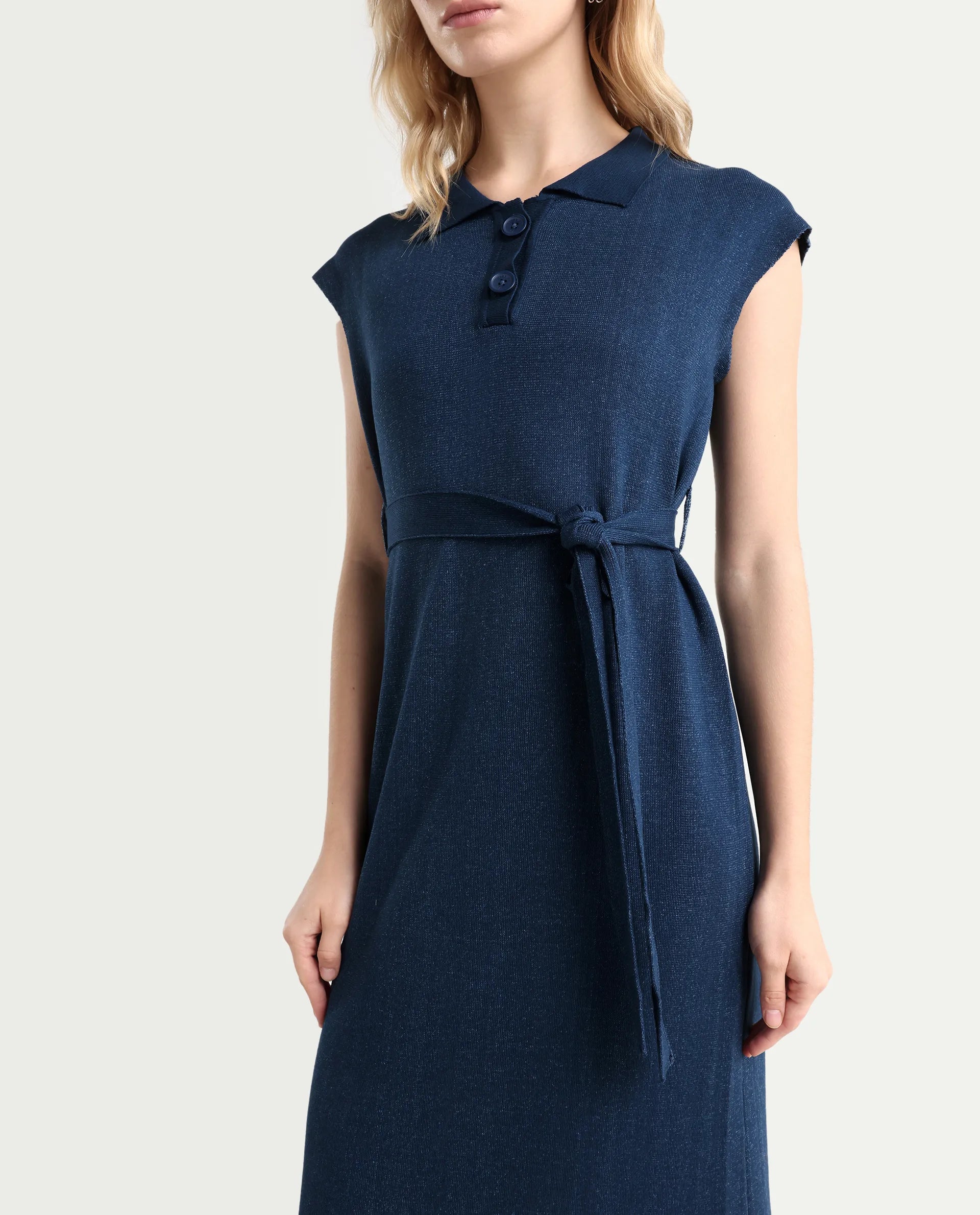 Rareism Women's Bhize Navy Viscose Blend Spread Collar Plain Extended Sleeves Midi Straight Fit Dress