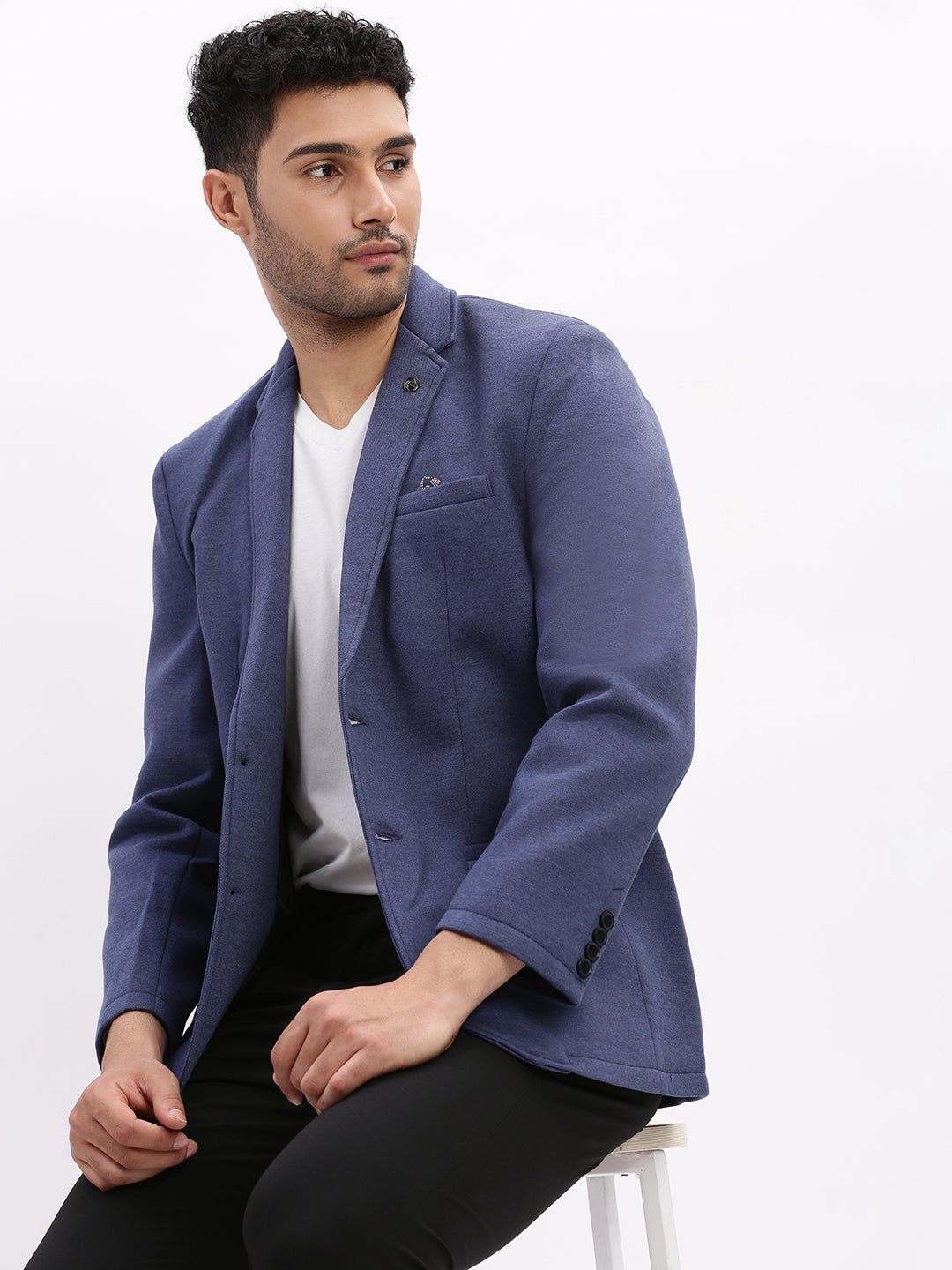 Men's Blue Tailored Single-Breasted Blazer with Notched Lapel