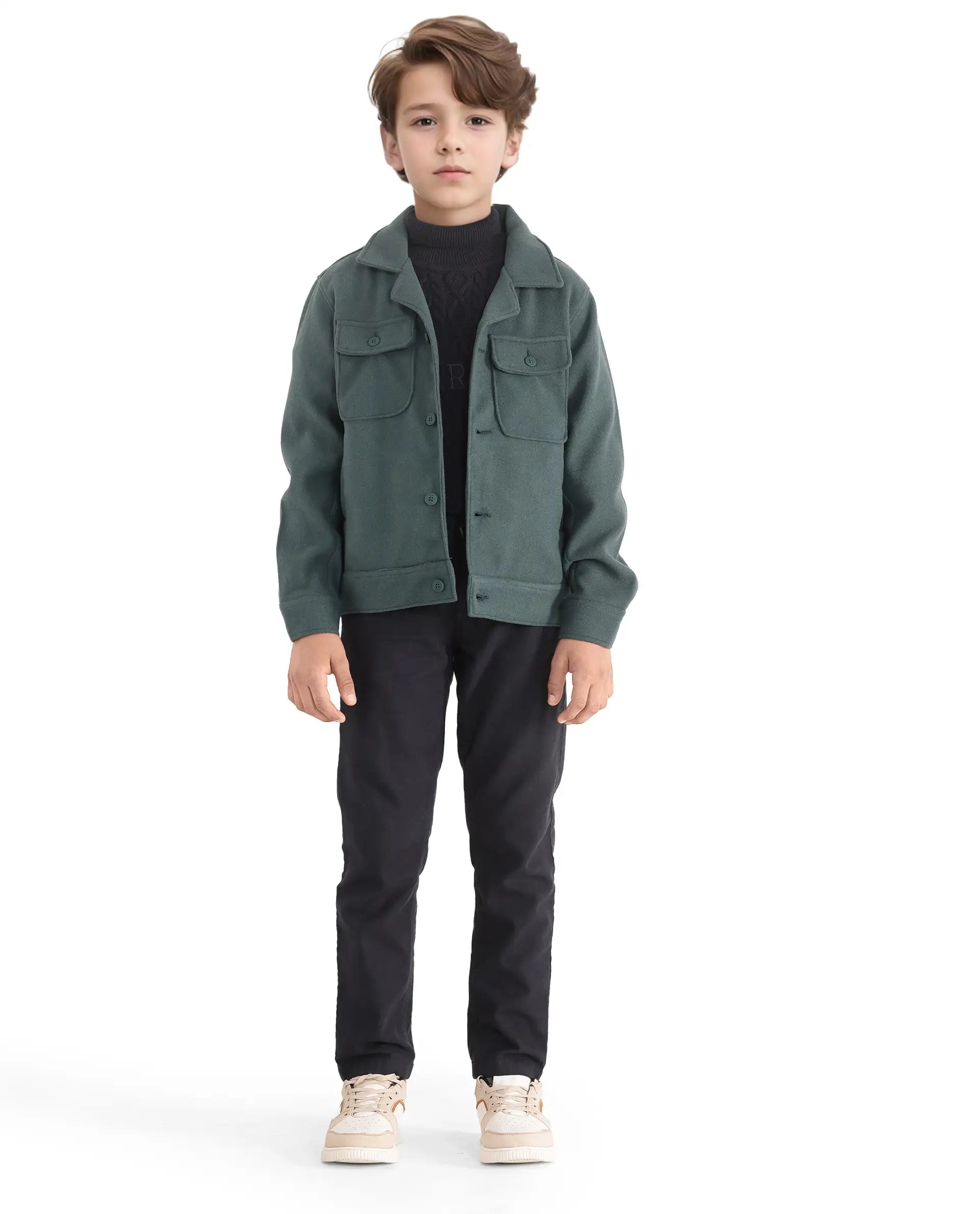 Rare Ones Kids Bochin Teal Button Closure Lapel Neck Full Sleeve Jacket
