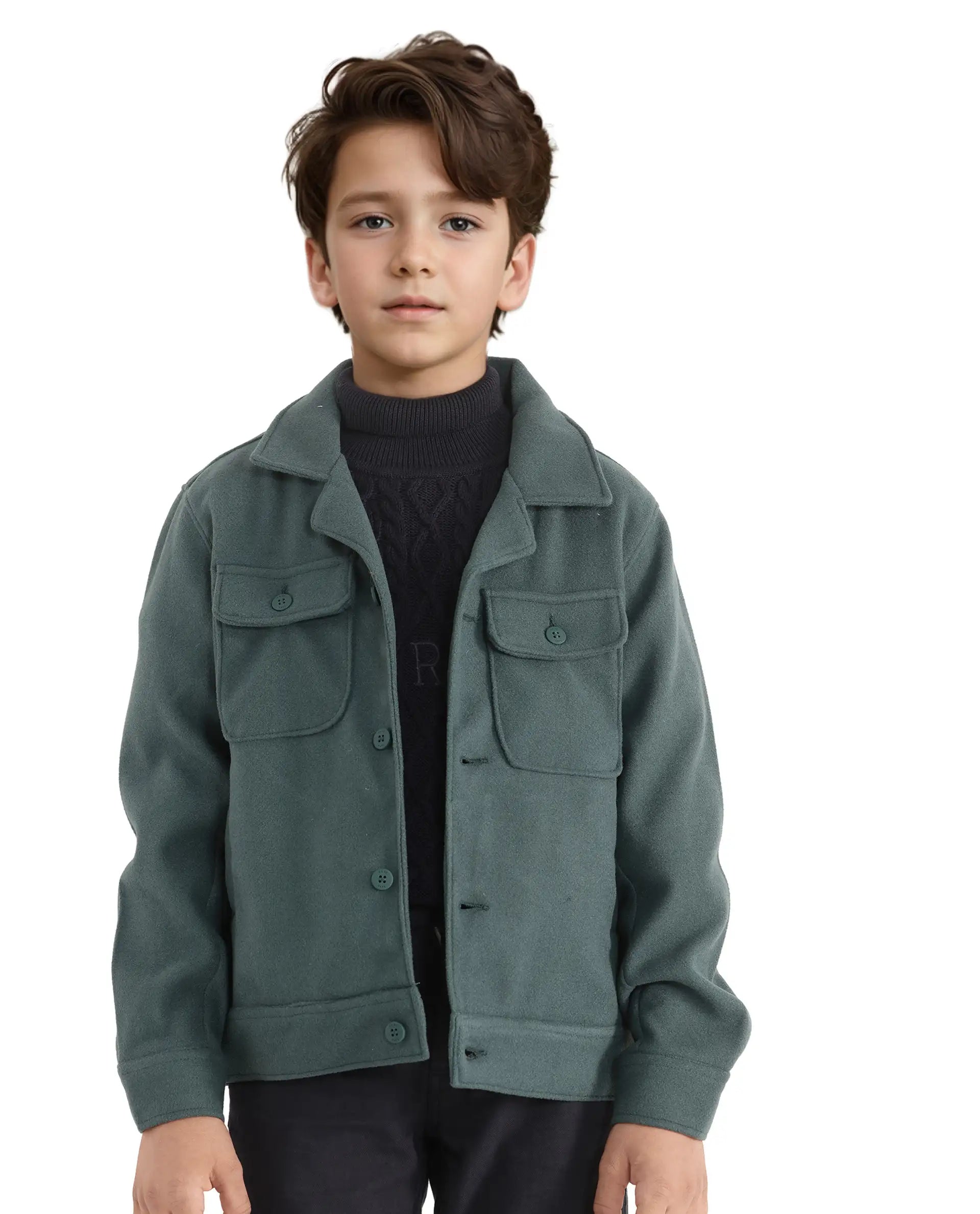 Rare Ones Kids Bochin Teal Button Closure Lapel Neck Full Sleeve Jacket