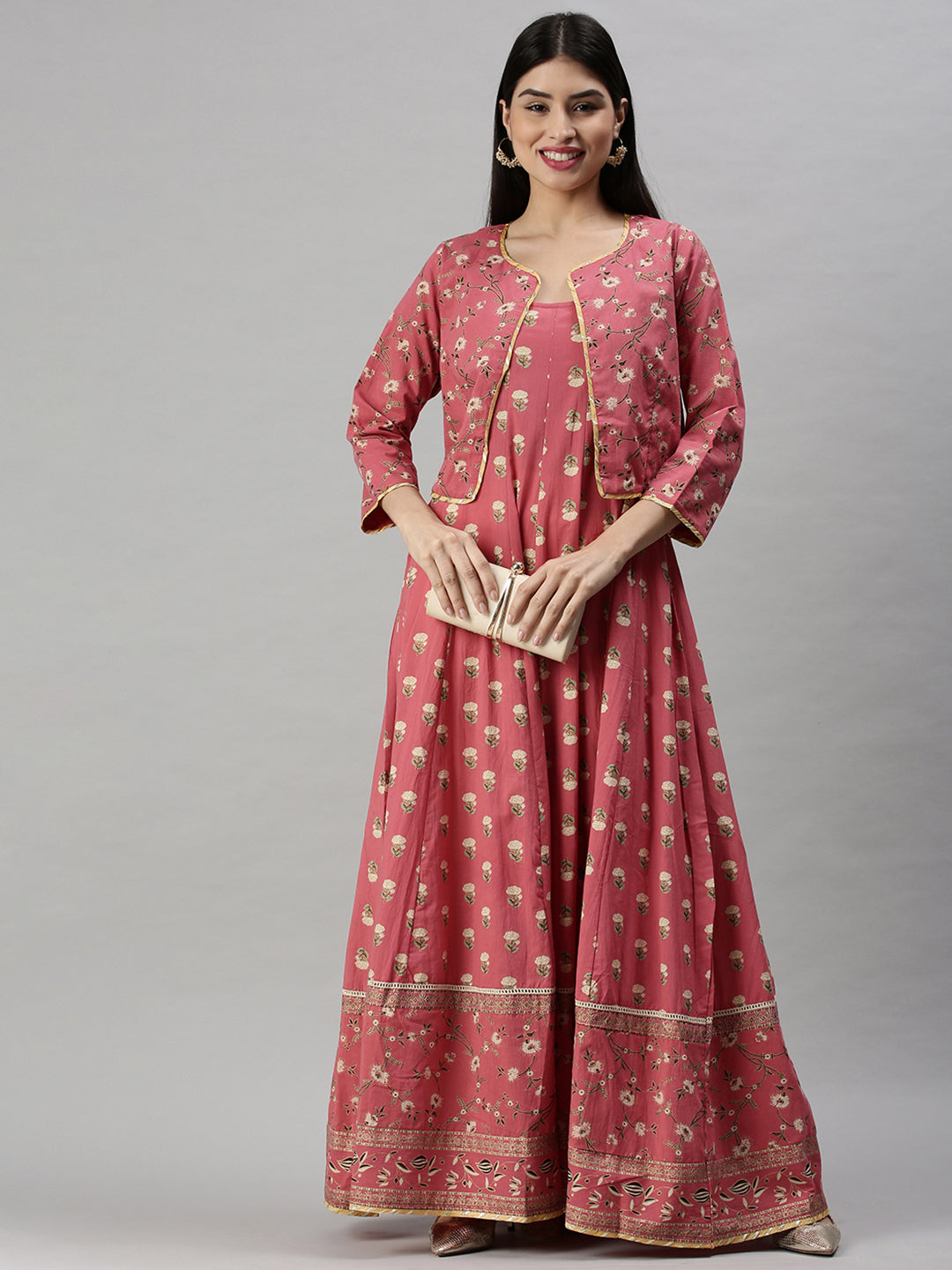 Women's Pink & Off White Floral Gotta Patti Anarkali Kurta with Jacket