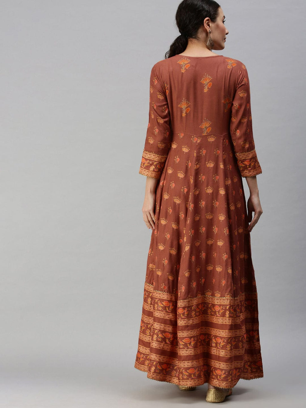 Women's V-Neck Printed Rust Anarkali Kurta