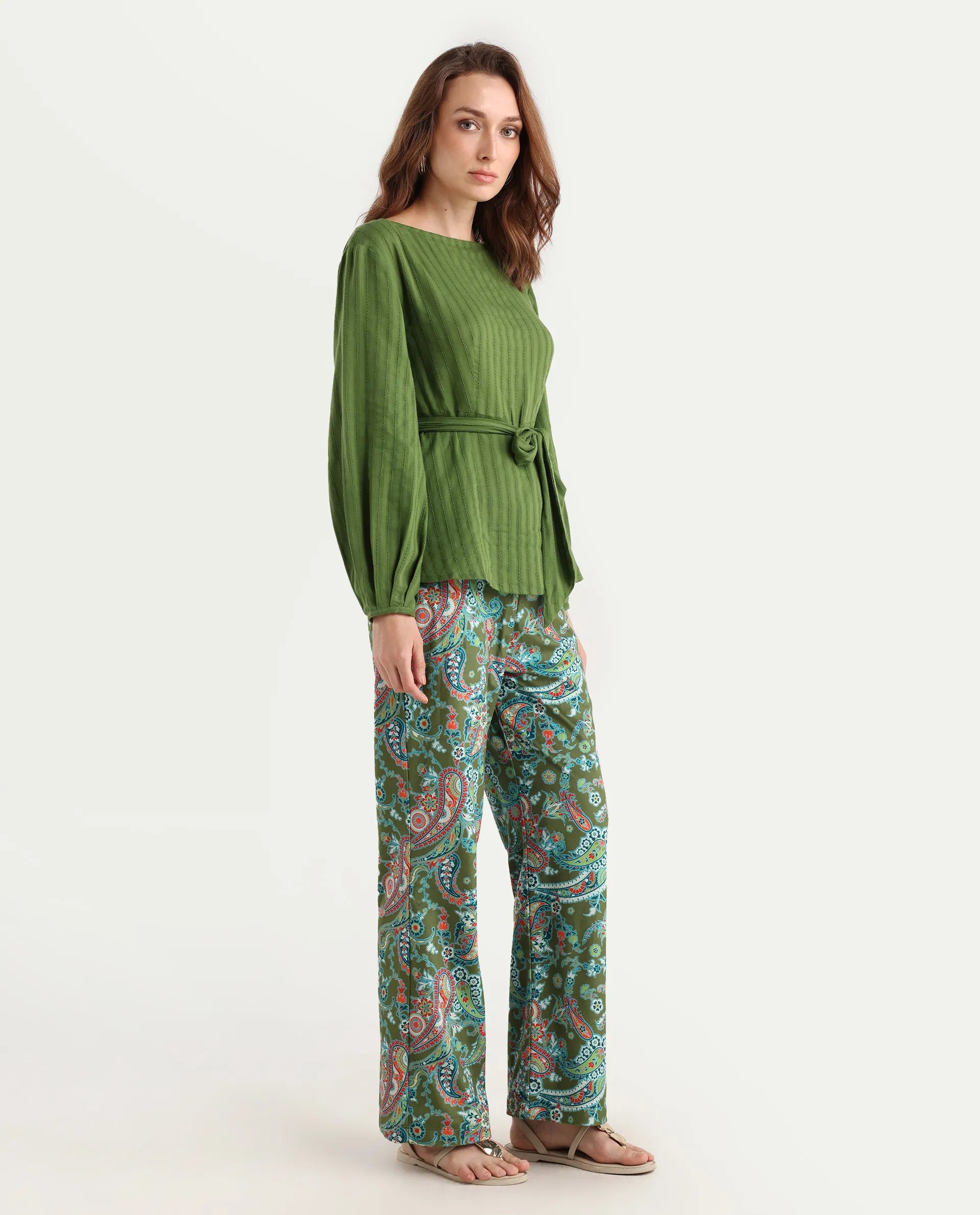 Rareism Women's Camder B Multi Velvet Paisley Print Ankle Length Bootcut Trouser