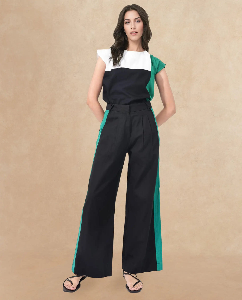 Rareism Women's Caruana-B Black Cotton Color Block Ankle Length Straight Fit Trouser