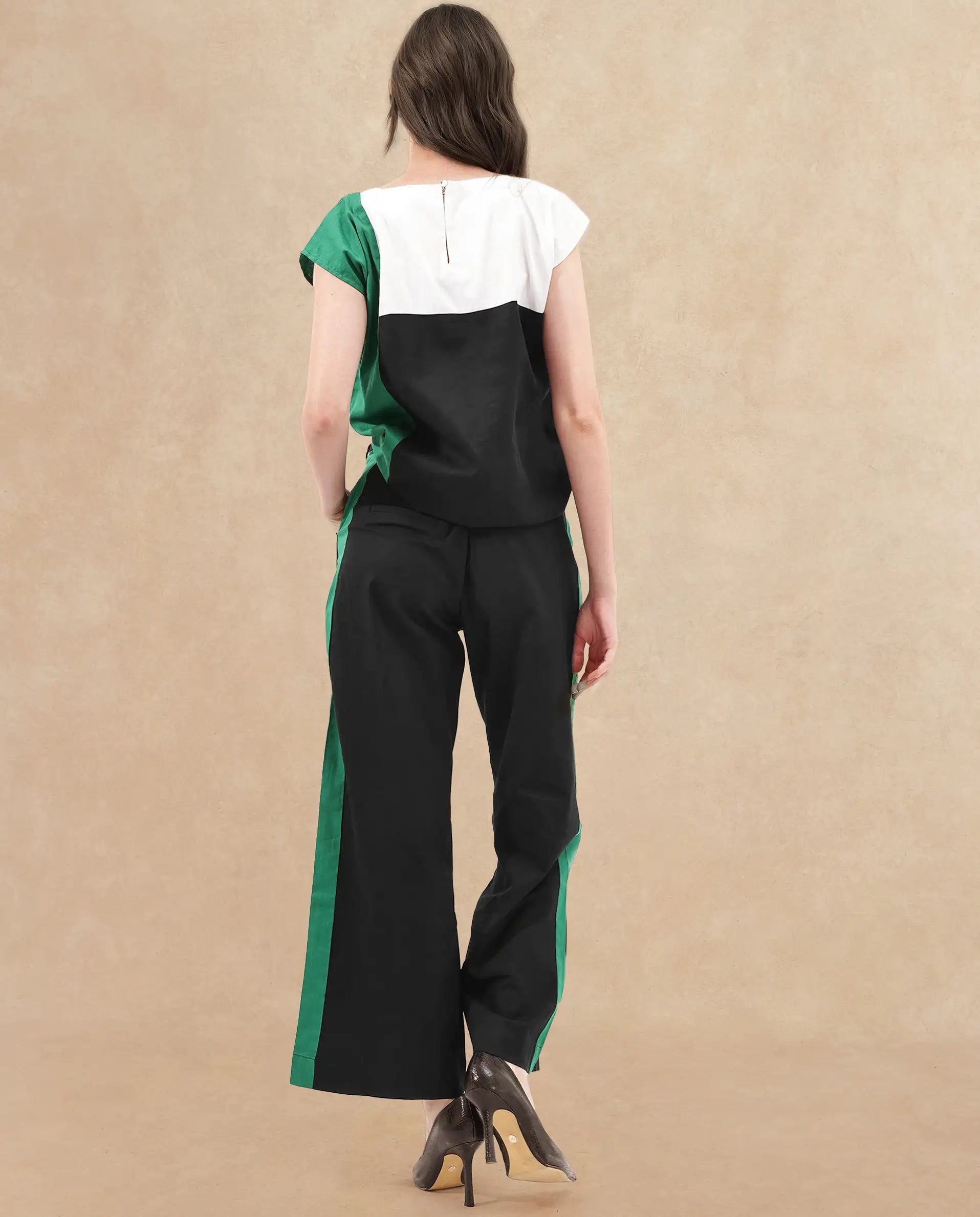 Rareism Women's Caruana-B Black Cotton Color Block Ankle Length Straight Fit Trouser