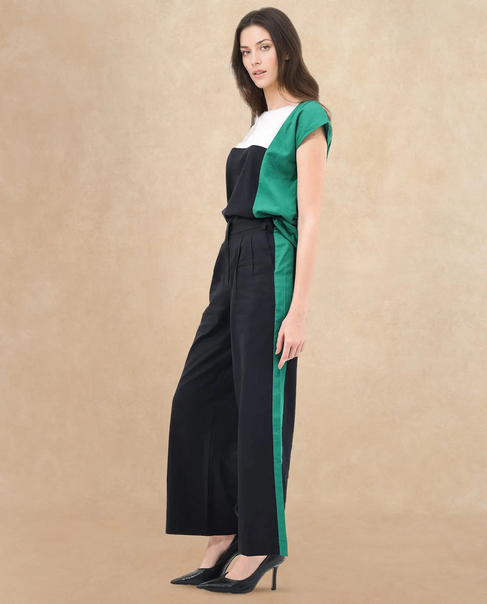 Rareism Women's Caruana-B Black Cotton Color Block Ankle Length Straight Fit Trouser