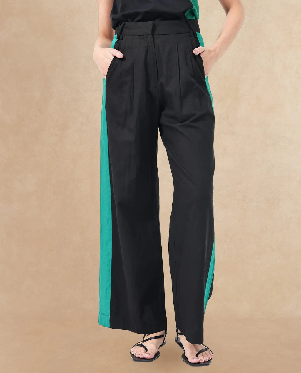 Rareism Women's Caruana-B Black Cotton Color Block Ankle Length Straight Fit Trouser