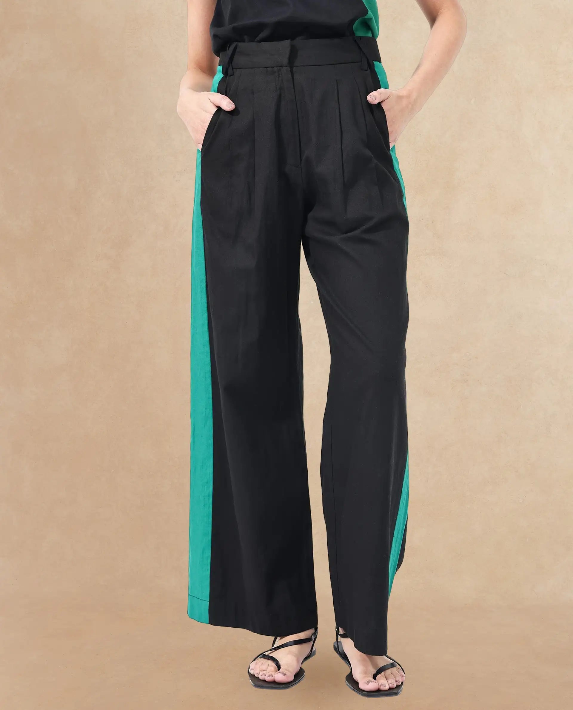 Rareism Women's Caruana-B Black Cotton Color Block Ankle Length Straight Fit Trouser