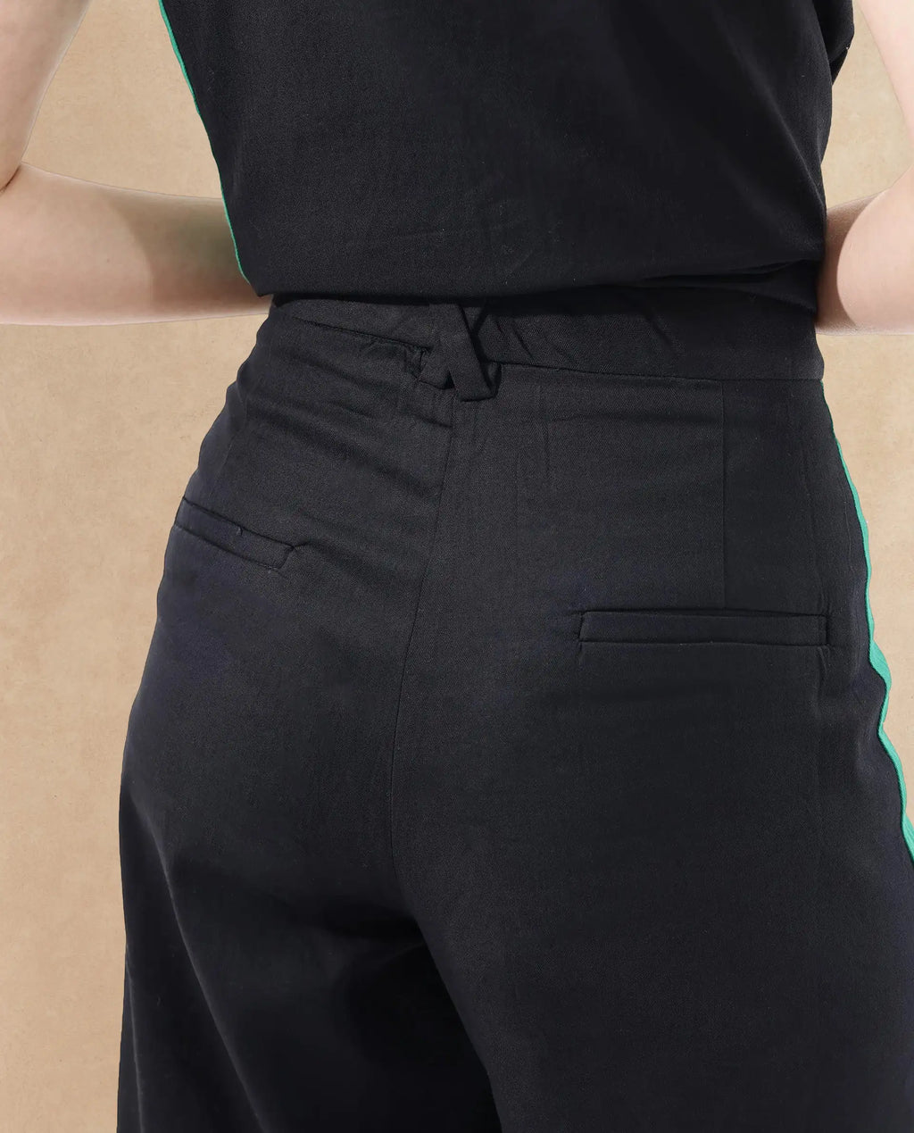Rareism Women's Caruana-B Black Cotton Color Block Ankle Length Straight Fit Trouser