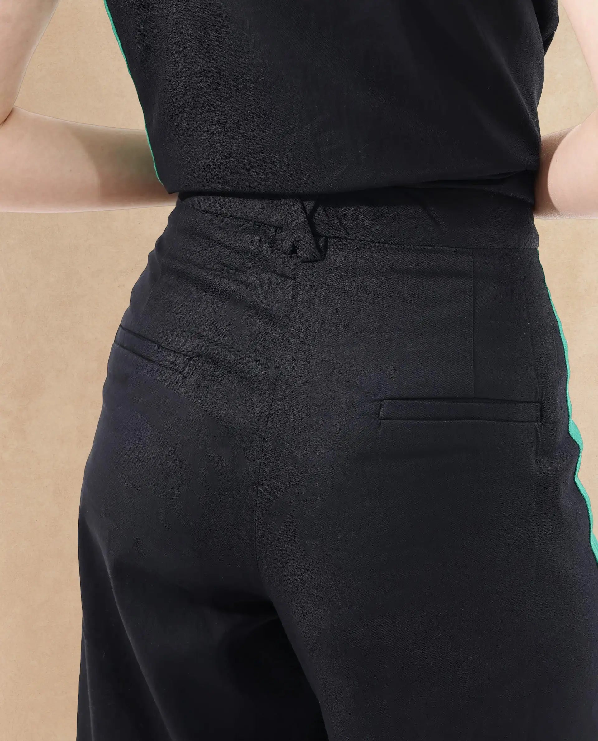 Rareism Women's Caruana-B Black Cotton Color Block Ankle Length Straight Fit Trouser