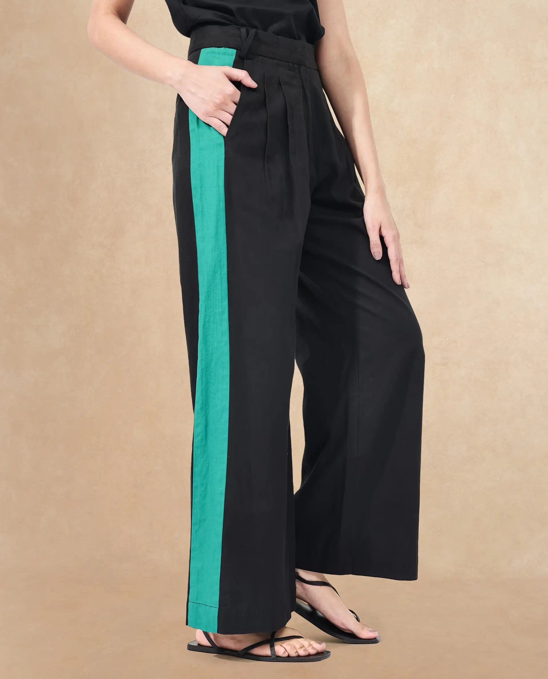 Rareism Women's Caruana-B Black Cotton Color Block Ankle Length Straight Fit Trouser