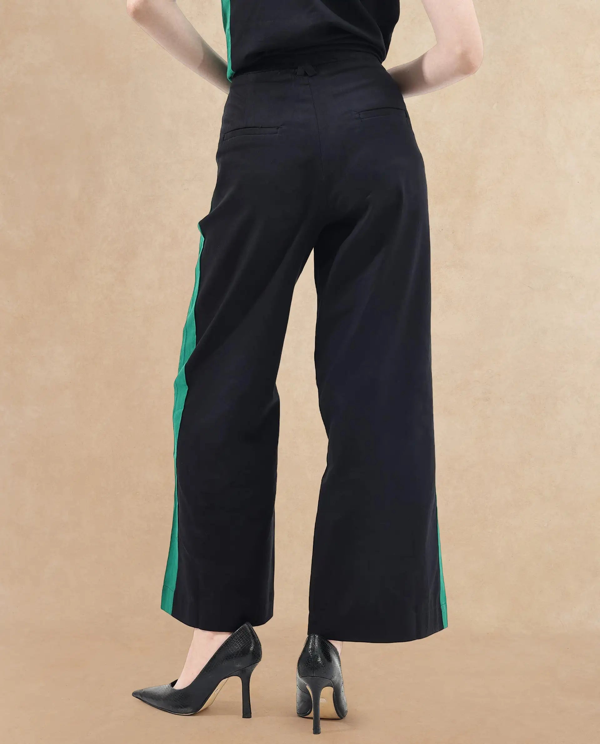 Rareism Women's Caruana-B Black Cotton Color Block Ankle Length Straight Fit Trouser