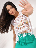 Women's White Self Design Crochet Crop Top