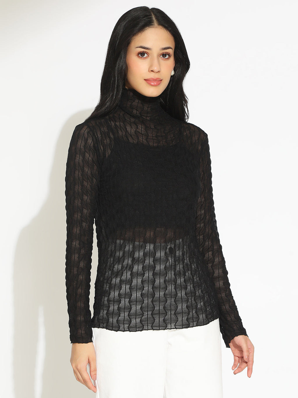 Women's Black Semi Sheer High Neck Top