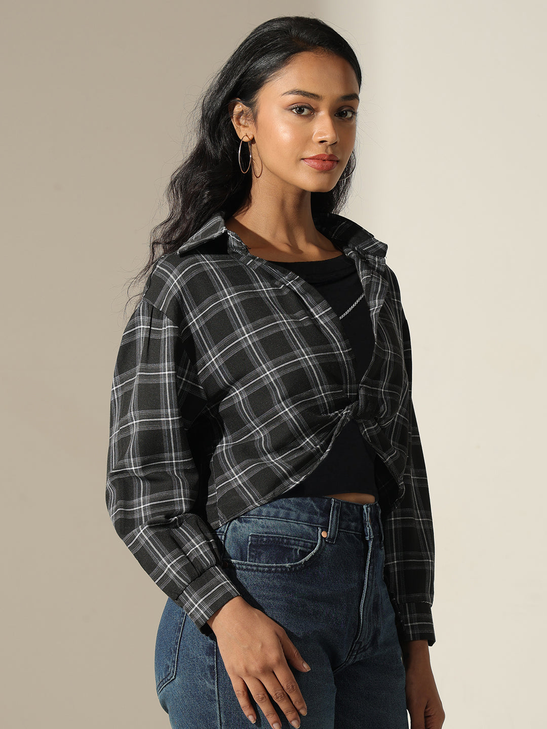 Women's Checked Black Shirt Style Top with Inner Tank Top & Chain