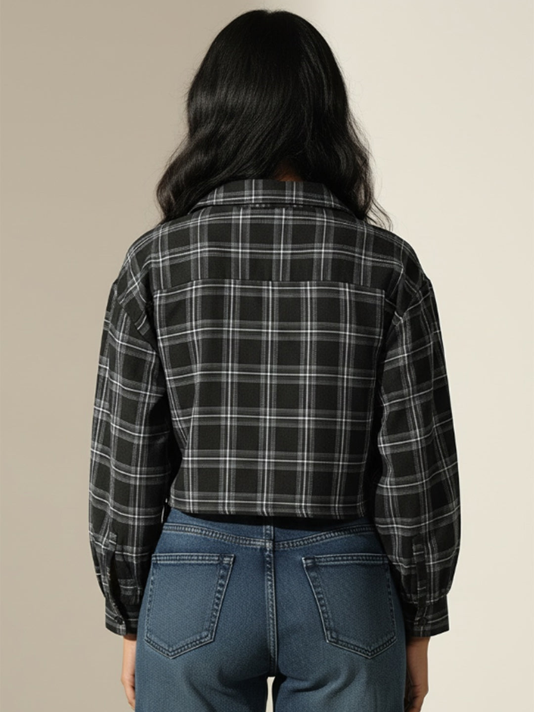 Women's Checked Black Shirt Style Top with Inner Tank Top & Chain