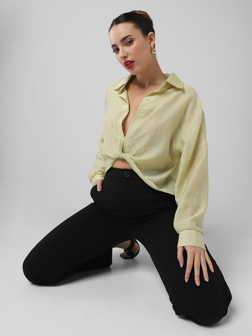 Women's Green Shirt Style Crop Top