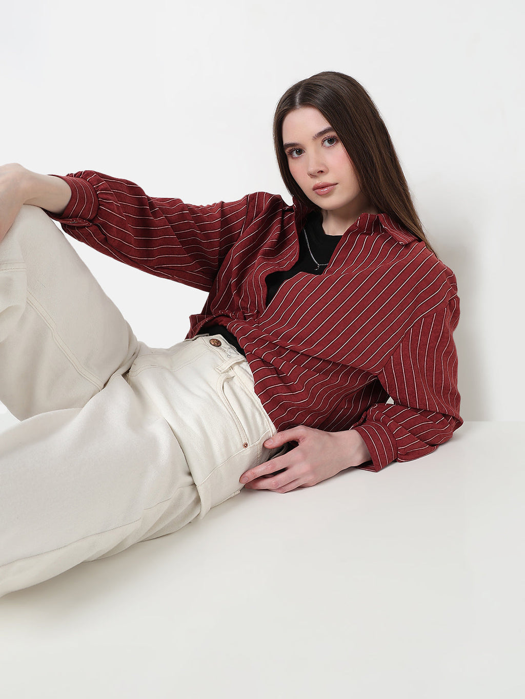 Women's Striped Maroon Shirt Collar Crop Top with Inner Tank Top & Neck Chain