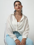 Women's Off White Shirt Collar Long Sleeves Studded Shirt Style Crop Top