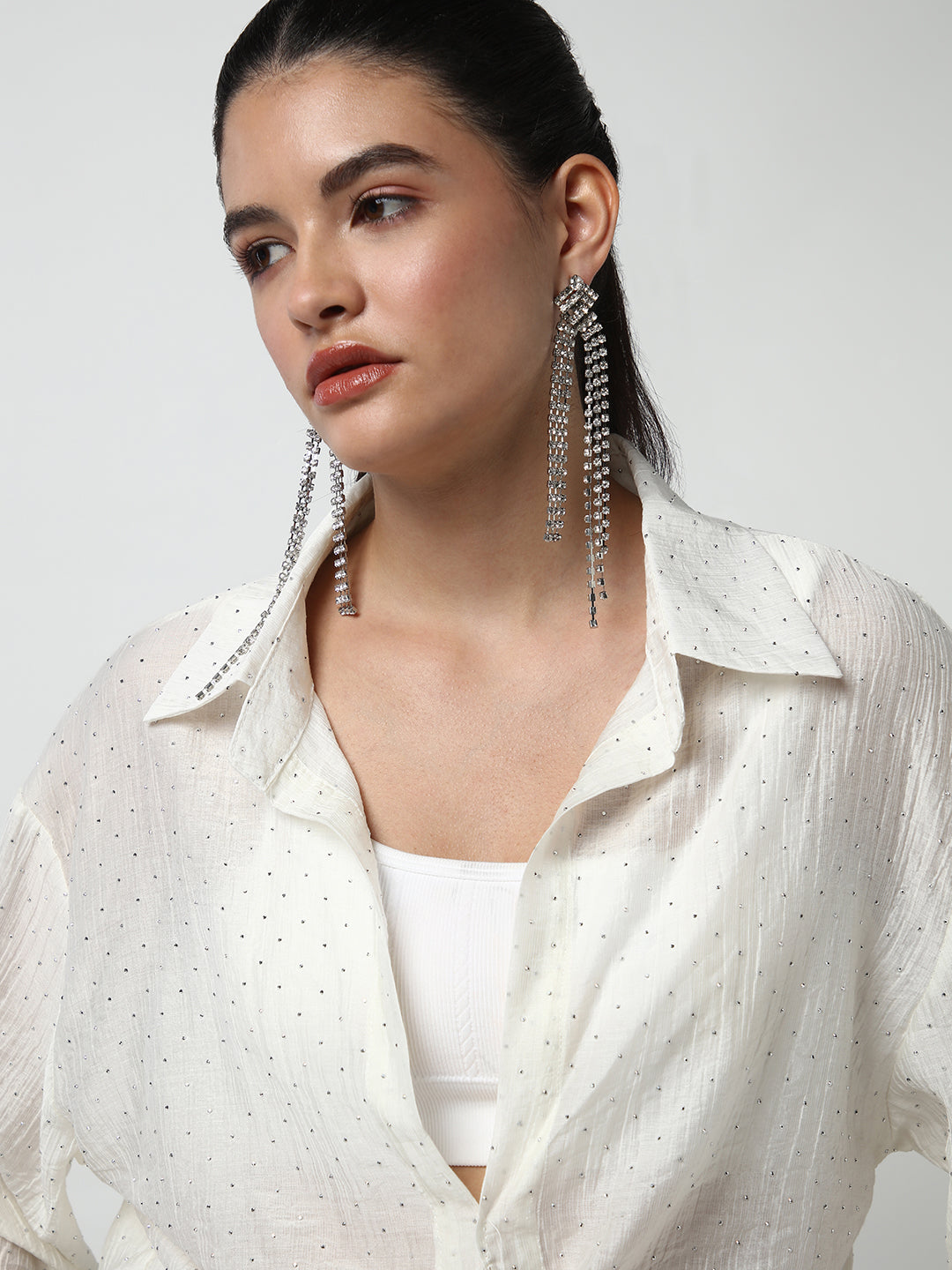 Women's Off White Shirt Collar Long Sleeves Studded Shirt Style Crop Top