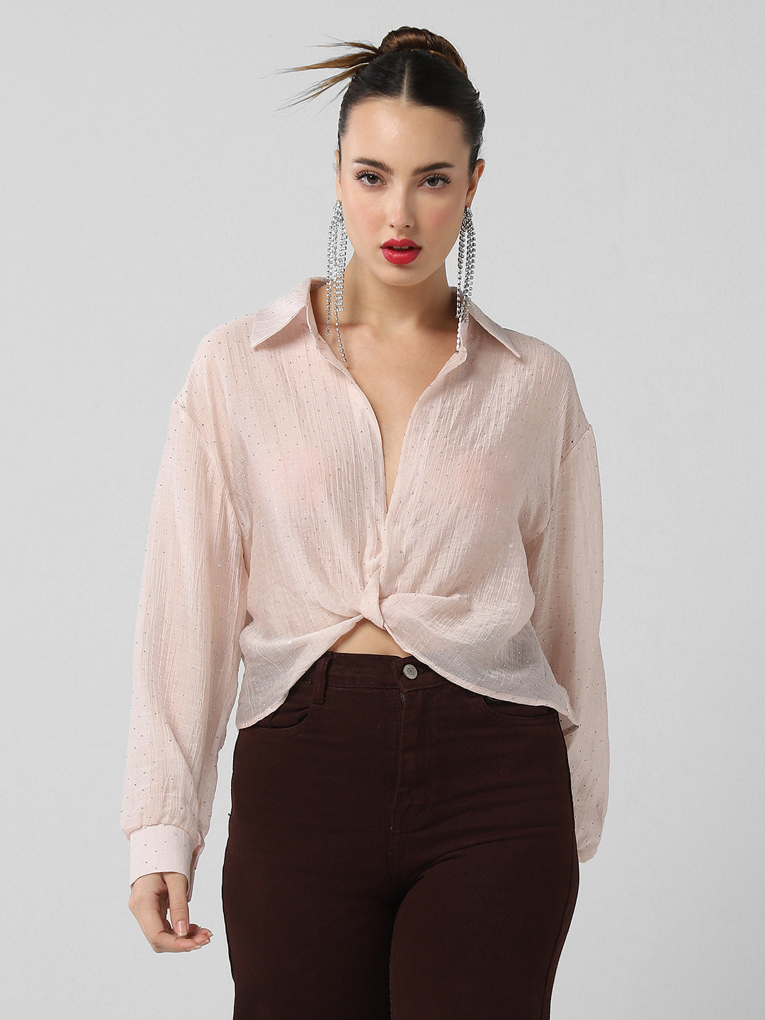 Women's Pink Studded Shirt Style Crop Top