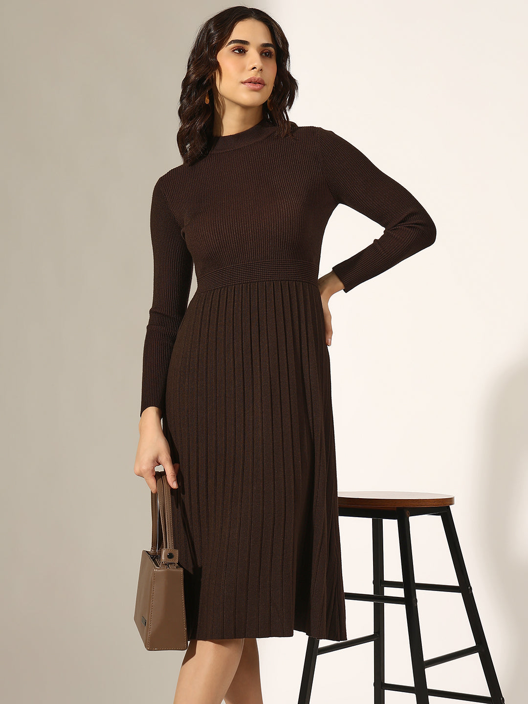 Women's Brown Knitted Fit and Flare Midi Dress