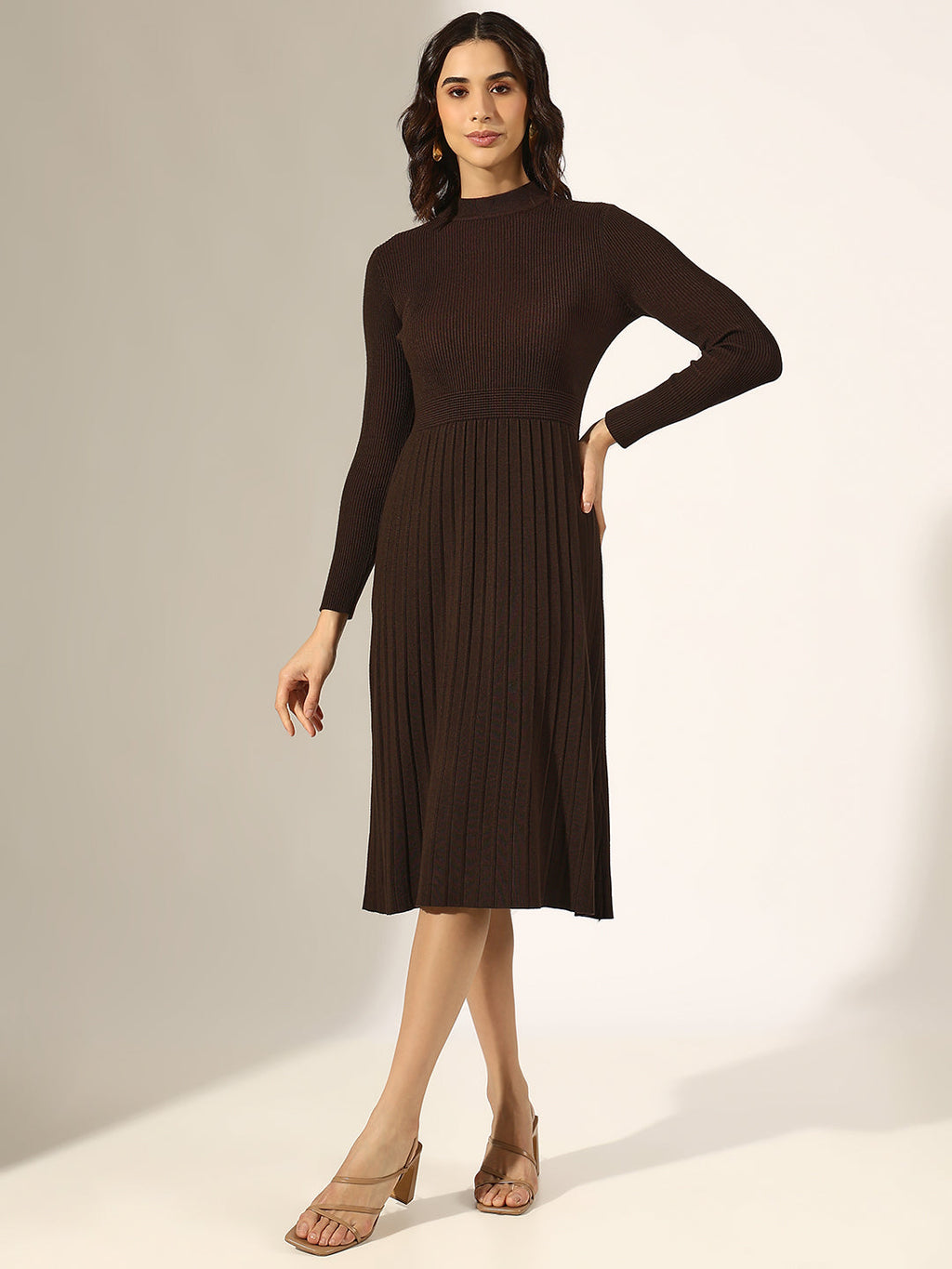 Women's Brown Knitted Fit and Flare Midi Dress