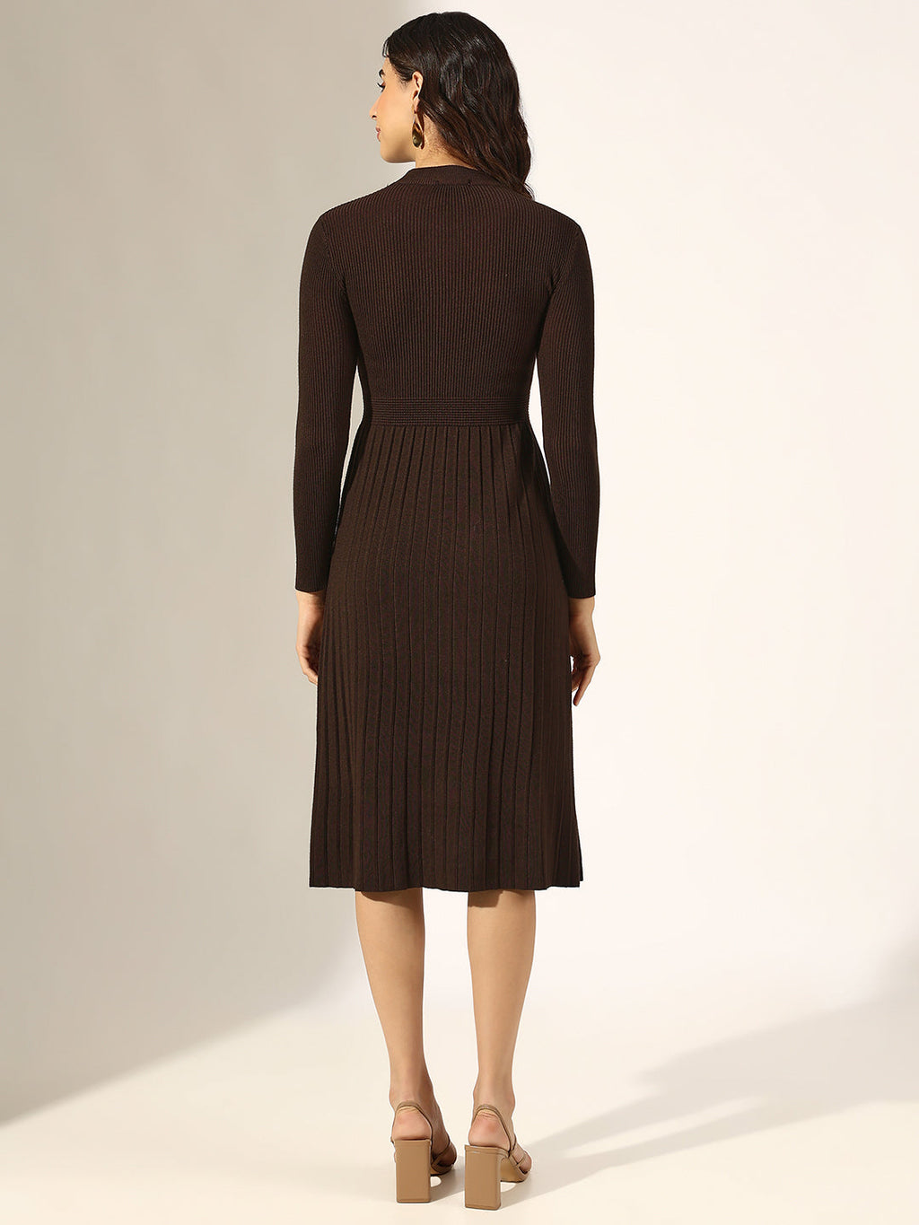 Women's Brown Knitted Fit and Flare Midi Dress
