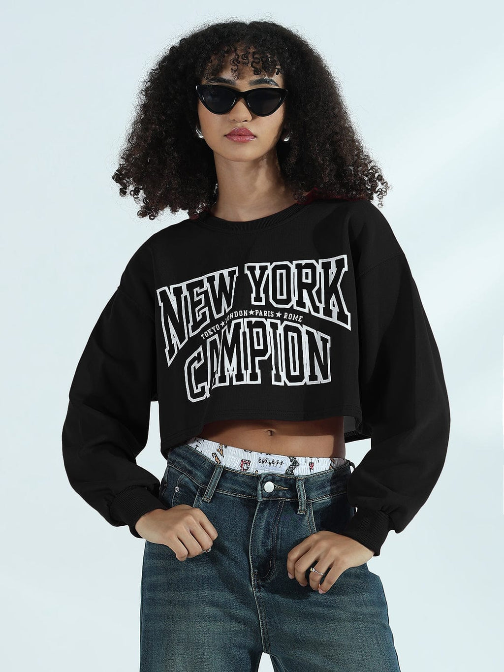 Women's Printed Black Urban Street Style Cropped Sweatshirt Top