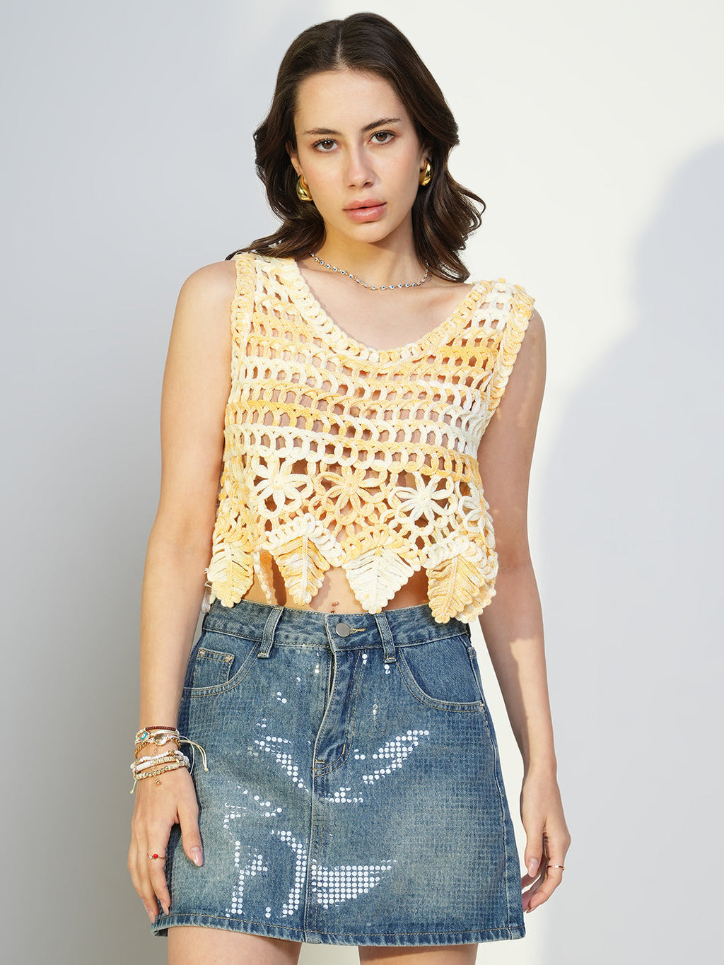 Women's Yellow Solid Crochet Crop Top