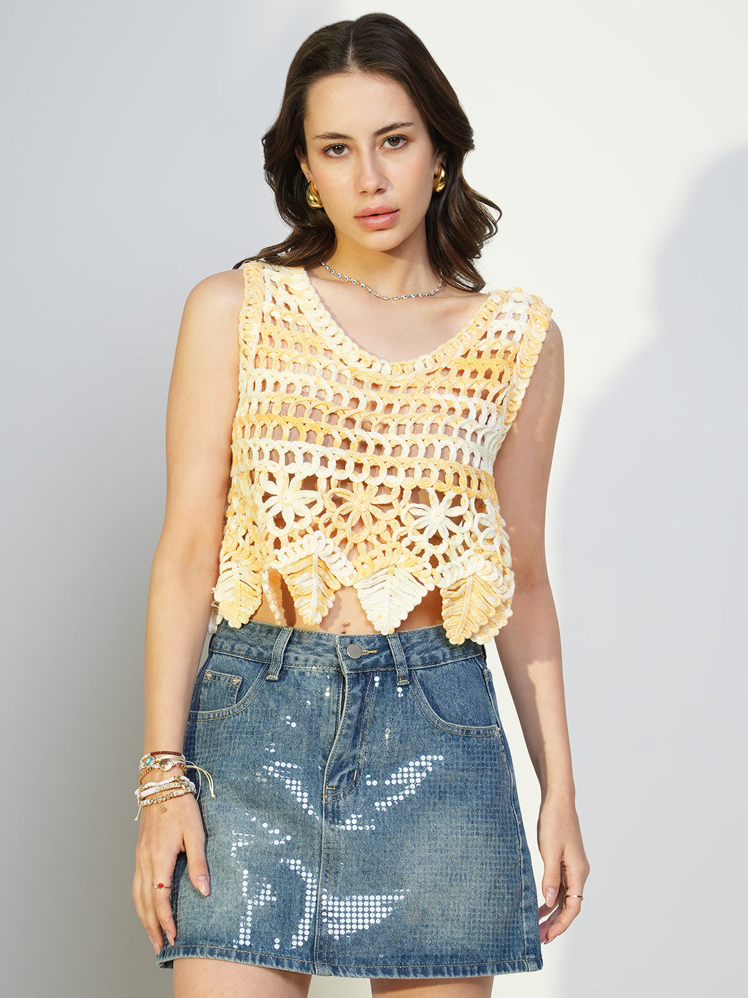Women's Yellow Solid Crochet Crop Top