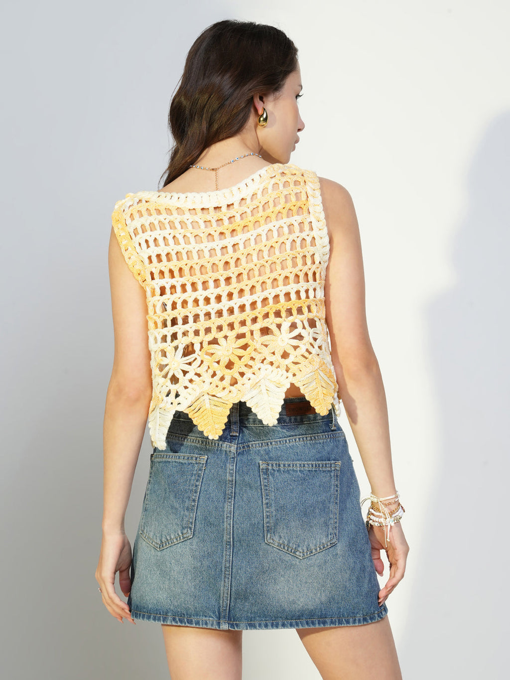 Women's Yellow Solid Crochet Crop Top